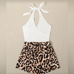 SHEIN White and Leopard Print Halter Romper